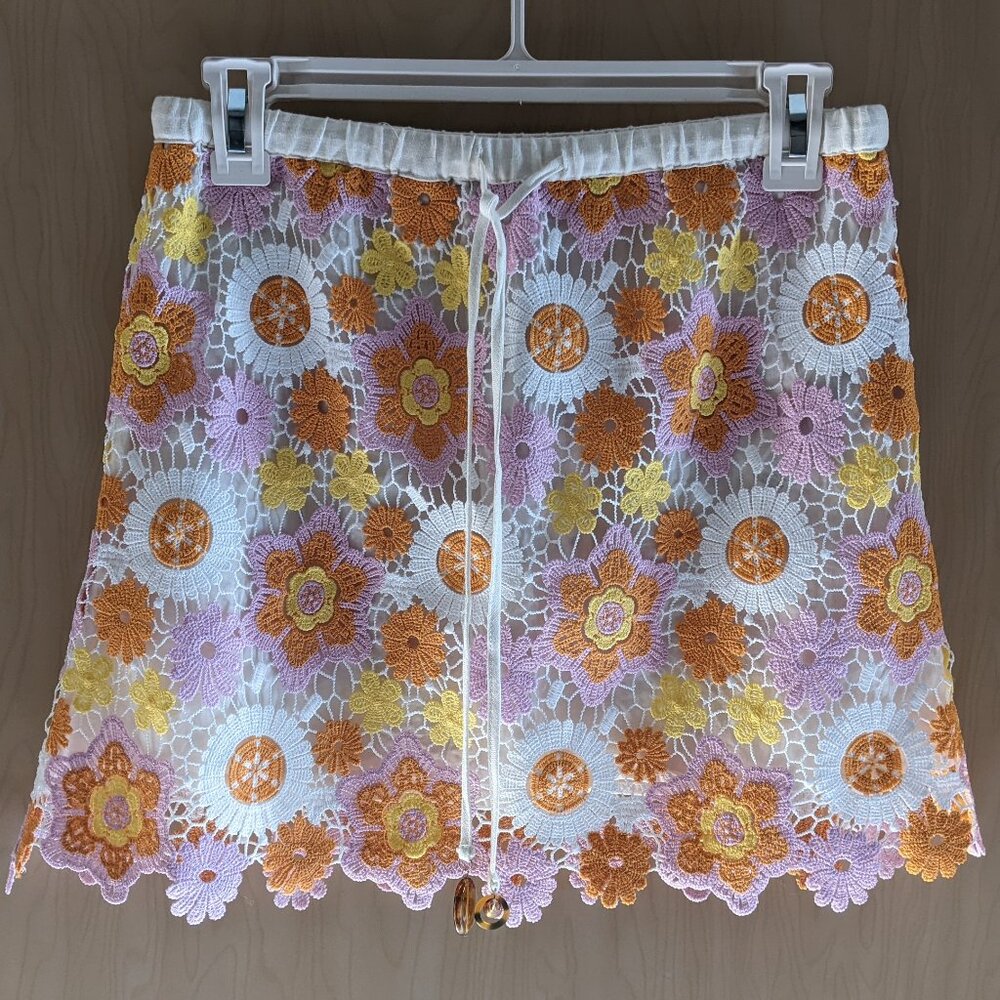 ASO Enid Sinclair Pink Orange Crochet Floral Mini Skirt sz Small Zara NWT